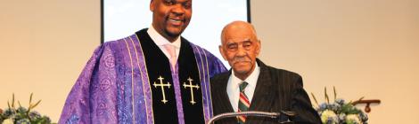 Mackenzie Kambizi, pastor of the Ethan Temple church, celebrates member Benjamin “Bennie” Grissom’s 104th birthday and acknowledges his community work with the Jefferson Township Board of Trustees.