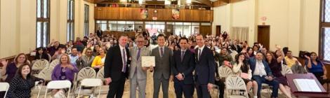 Abdiel Hernandez, a former New Jersey Conference (NJC) pastor; Ismael Nuñez, Ebenezer pastor; Stephen Lee, NJC president; Carlos Portanova, NJC treasurer; and Eduardo Monteiro, NJC executive secretary, recognize the Ebenezer church as an official congregation.