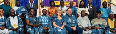 Bob Cundiff, Ohio Conference president, and his wife, Tanique (center), join Columbus Ghanaian church pastors and guests during its 25th year celebration.