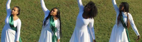 Ministry in Motion members Bria Bernard (’21), Camille Stepney (’21), Andrea Gibbons (’21) and Zipporah Leonce (’22) appear in an outdoor video.