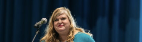 Lisa Moller, Spring Valley Academy’s high school English teacher, shares her testimony during a staff meeting devotional.
