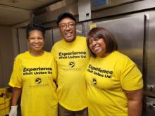 Gale Walker, George Jones and Karen Jones have a wonderful experience serving breakfast to 67 women and children at a domestic violence shelter