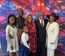 The Kinlock family—Kayla, Trevor, Ava and Carleen—join Robert and June Kennedy, the recently retired pastoral couple, at Emmanuel Worship Center’s grand opening.