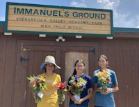 Geography teacher and farm volunteer Mindi Wiygul, along with sisters Emma (’23) and Anna (’25) Short, create flower arrangements from Immanuel’s Ground to sell at the garden market.